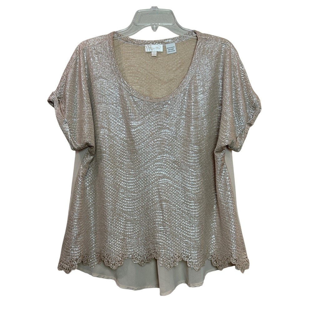 Miss Me Blouse Womens Large Rose Gold Metallic Scalloped Hem Sheer Evening Glam